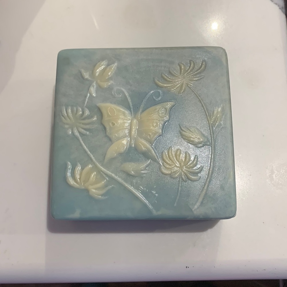 Butterfly floral light blue soapstone trinket or jewelry box by Robert Nemith